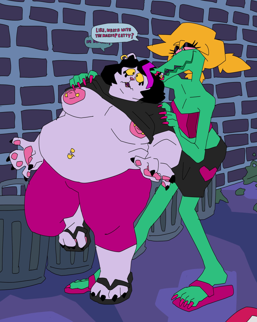 2024 absurd_res alligator alligatorid anthro belly big_belly black_hair blonde_hair bratty_(undertale) breasts catti_(deltarune) claws clothed clothing crocodilian deltarune dialogue domestic_cat duo english_text exposed_breasts felid feline felis female finger_claws footwear fur green_body green_scales hair hi_res mammal mistaken_identity navel navel_piercing nipple_piercing nipples overweight overweight_anthro overweight_female pawpads peeppepi piercing raised_clothing raised_shirt raised_topwear reptile sandals scales scalie shirt text toe_claws topwear undertale_(series) wardrobe_malfunction white_body white_fur