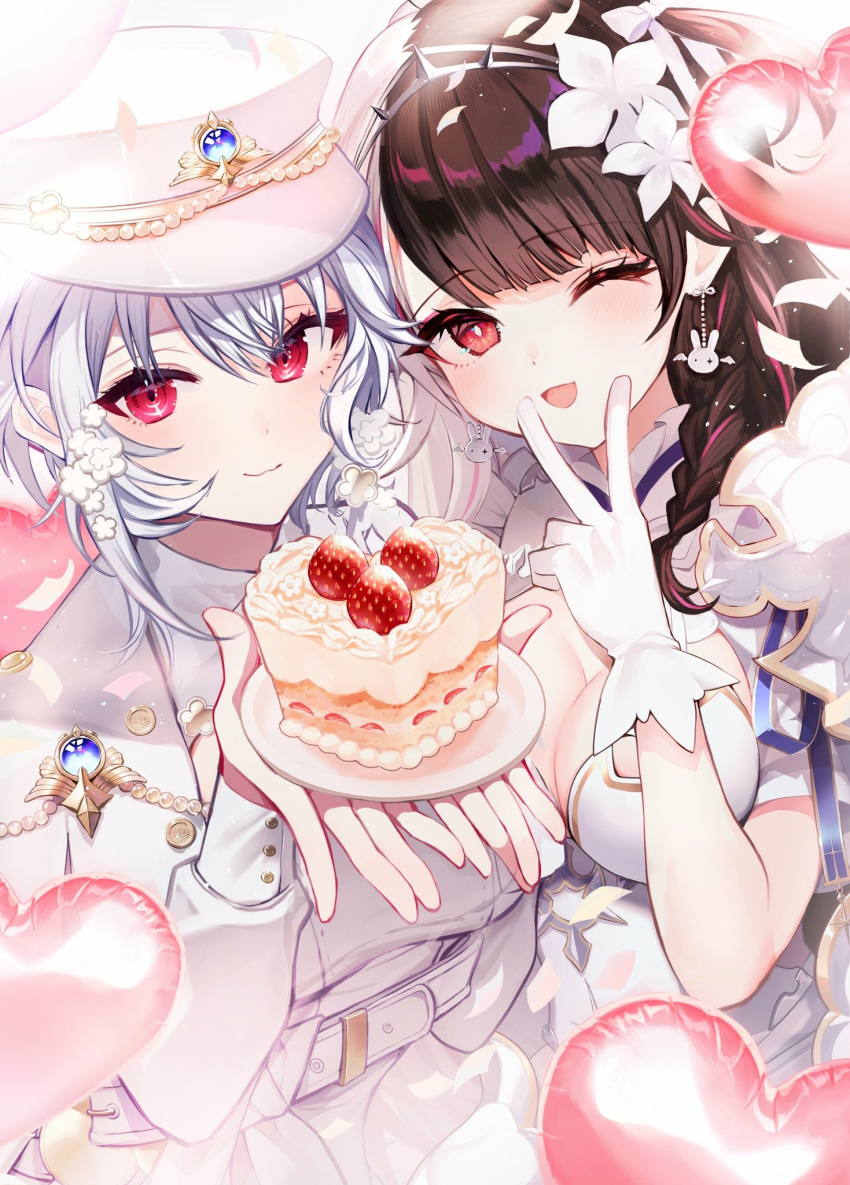 2girls armor balloon belt black_hair bow braid breasts cake cake_slice cleavage dress earrings flower food fruit gloves grey_hair hair_bow hair_flower hair_ornament hakase_fuyuki hakase_fuyuki_(8th_costume) hat heart heart_balloon highres holding holding_food holding_plate jewelry large_breasts lily_(flower) long_hair long_sleeves looking_at_viewer military_uniform multicolored_hair multiple_girls nijisanji official_alternate_costume one_eye_closed one_side_up peaked_cap plate red_eyes red_hair shirt short_hair shoulder_armor single_braid smile split-color_hair strawberry streaked_hair two-tone_hair uniform v virtual_youtuber white_belt white_bow white_dress white_flower white_gloves white_hair white_hat white_lily white_shirt yomogi_(dora00gong) yorumi_rena yorumi_rena_(8th_costume)