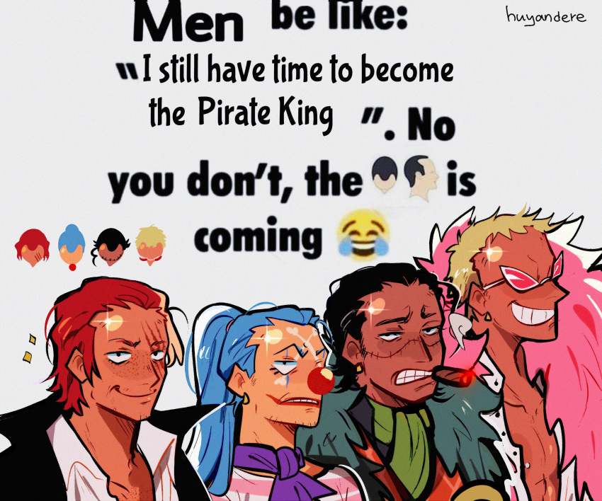 4boys absurdres black_hair buggy_the_clown clown_nose crocodile_(one_piece) dark-skinned_male dark_skin donquixote_doflamingo emoji glint grin highres huyandere image_macro_(meme) long_hair male_focus meme multiple_boys one_piece parody_request pectoral_cleavage pectorals receding_hairline scar scar_across_eye shanks_(one_piece) shirt short_hair smile sparse_stubble sunglasses upper_body white_shirt