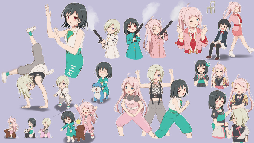 &gt;_&lt; 4girls absurdres ahoge bar_censor black_hair blazer blonde_hair blue_eyes censored closed_eyes coat_dress collared_jacket commentary_request covered_eyes d: double_bun dress dx fang finger_heart fishnet_top fishnets green_dress green_pants grey_pants group_name hair_bun hair_over_one_eye handstand heart highres holding jacket long_hair love_live! love_live!_nijigasaki_high_school_idol_club mia_taylor mifune_shioriko mole mole_under_eye multiple_girls multiple_views one_eye_covered open_mouth pants pinafore_dress pink_dress pink_hair pink_jacket ponytail purple_background purple_eyes r3birth_(love_live!) red_eyes riding ryouran!_victory_road_(love_live!) shadow short_hair sidelocks simple_background skin_fang sleeveless sleeveless_dress sleeveless_jacket sparkle strapless suspenders swept_bangs takasaki_yu textless_version trembling tube_top vest vroom_vroom_(love_live!) white_dress white_jacket white_tube_top white_vest yutuki_ame zhong_lanzhu