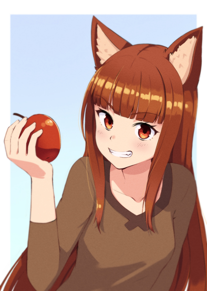 1girl animal_ear_fluff animal_ears apple arm_at_side blunt_bangs blush border breasts brown_hair brown_shirt collarbone commentary eyelashes fangs food fruit grin hand_up happy highres holding holding_food holding_fruit holo light_blue_background long_hair long_sleeves looking_at_viewer red_eyes shirt sidelocks simple_background small_breasts smile solo spice_and_wolf straight_hair tsurime umibato upper_body v-shaped_eyebrows very_long_hair white_border wolf_ears wolf_girl