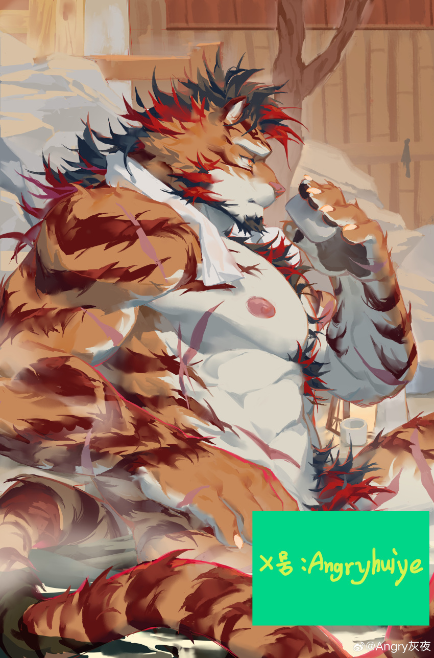 1boy absurdres angryhuiye animal_ears bara bare_tree beard black_hair censored censored_by_text chest_tuft completely_nude cowboy_shot cup facial_hair fluffy from_side full_beard furry furry_male goatee hairy highres holding holding_cup large_pectorals male_focus male_pubic_hair mature_male multicolored_hair muscular muscular_male mutton_chops nipples nude onsen orange_fur original partially_submerged pectorals profile pubic_hair red_hair scar scar_on_arm scar_on_chest solo steam streaked_hair strongman_waist tail thick_eyebrows tiger_boy tiger_ears tiger_tail tree tsurime white_fur