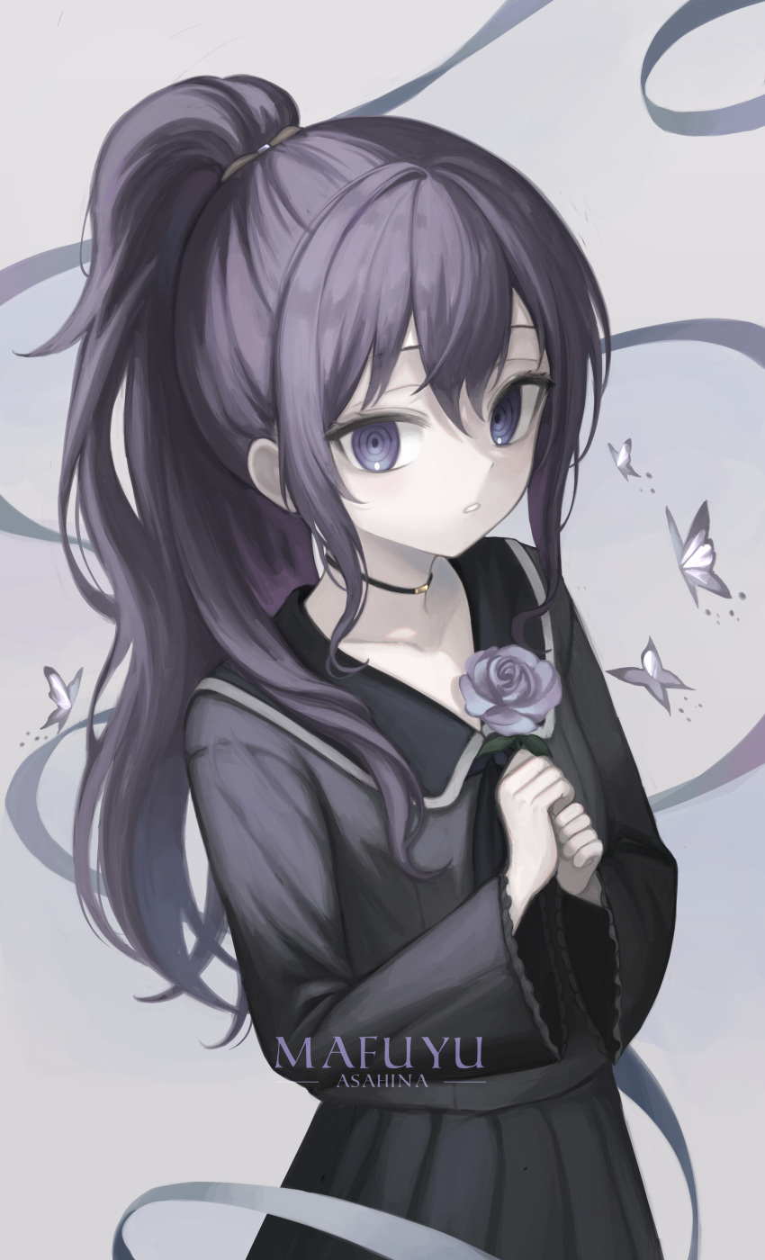 1girl absurdres asahina_mafuyu bug butterfly character_name choker collared_shirt commentary flower highres holding holding_flower kkamkkam long_hair long_sleeves looking_at_viewer parted_lips pleated_skirt ponytail project_sekai purple_eyes purple_flower purple_hair purple_rose ribbon ringed_eyes rose shirt skirt solo