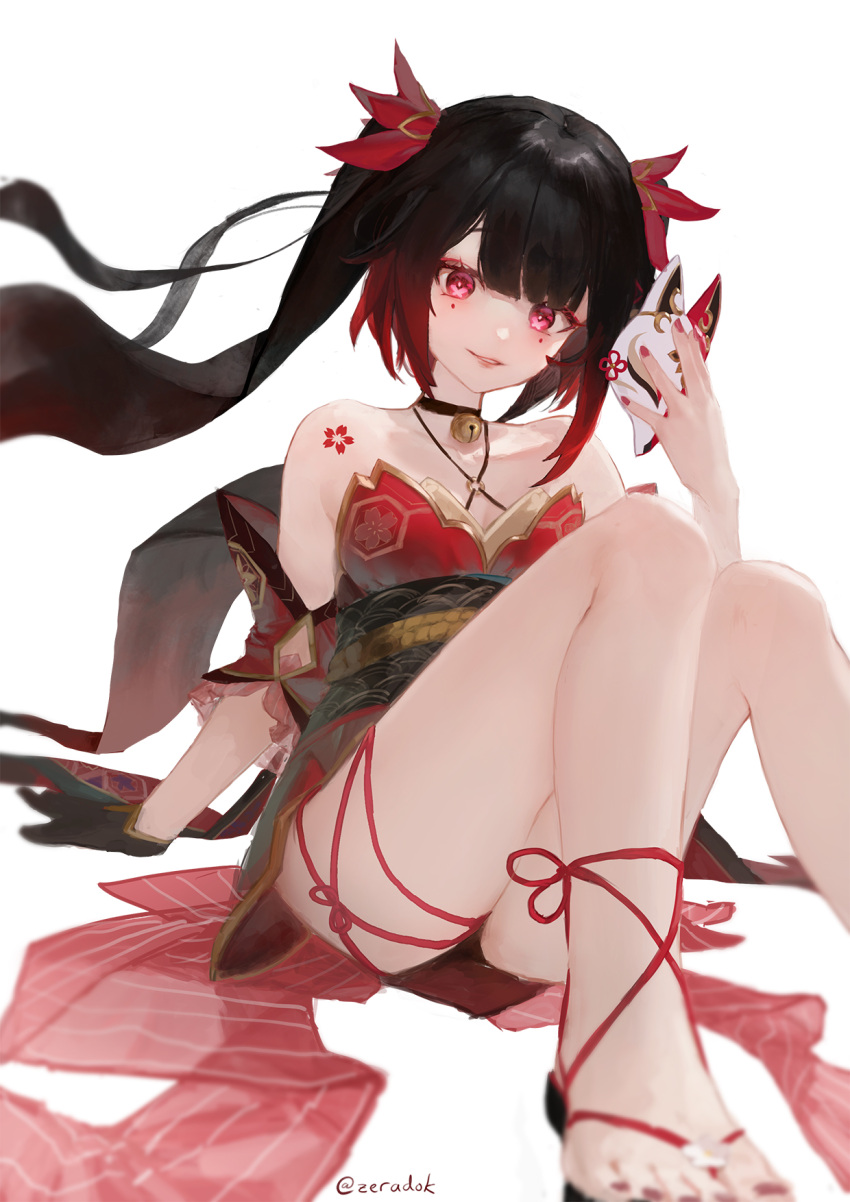 1girl artist_name bare_legs bare_shoulders bell black_choker black_gloves black_hair black_sash blurry breasts choker depth_of_field detached_sleeves dress facial_mark flower_tattoo fox_mask gloves highres holding holding_mask honkai:_star_rail honkai_(series) jingle_bell knees_up legs long_hair looking_at_viewer mask multicolored_hair nail_polish neck_bell o-ring obi parted_lips pink_eyes red_dress red_eyes red_hair red_nails red_ribbon ribbon sandals sash single_glove sitting small_breasts smile solo sparkle_(honkai:_star_rail) streaked_hair tattoo thighs toenail_polish toenails toes twintails twitter_username unworn_mask very_long_hair white_background zeradok