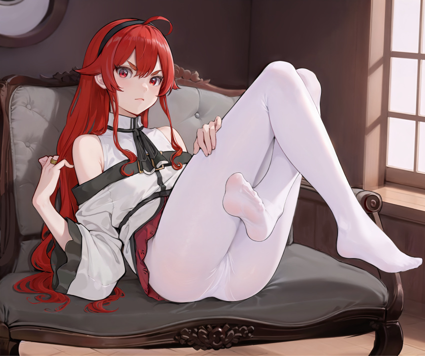 1girl ahoge armchair ass bare_shoulders black_hairband chair closed_mouth clothing_cutout crossed_legs eris_greyrat feet foot_focus full_body hairband haoyihe highres jewelry legs long_hair looking_at_viewer microskirt mushoku_tensei no_shoes on_chair panties panties_under_pantyhose pantyhose red_eyes red_hair red_skirt ring shirt shoulder_cutout sitting skirt soles solo spread_toes toes underwear v-shaped_eyebrows white_panties white_pantyhose white_shirt window