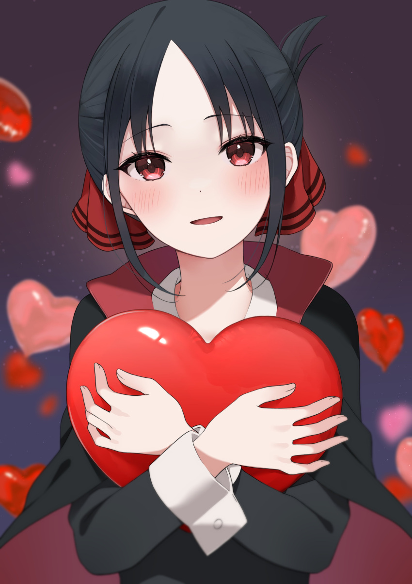 1girl :d absurdres black_dress black_hair blush dress folded_ponytail hair_ribbon heart highres hugging_object kaguya-sama_wa_kokurasetai_~tensai-tachi_no_renai_zunousen~ long_sleeves looking_at_viewer natsu12113 parted_bangs pinafore_dress red_eyes red_ribbon ribbon school_uniform shinomiya_kaguya shuuchiin_academy_school_uniform sidelocks sleeveless sleeveless_dress smile solo tongue