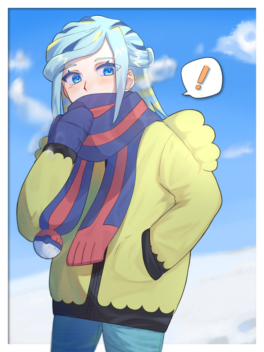 ! 1boy aroma_0404 blue_eyes blue_mittens blue_scarf blush border breath cloud commentary_request eyelashes green_pants grusha_(pokemon) hand_in_pocket hand_up highres jacket male_focus mittens outdoors outside_border pants pokemon pokemon_sv scarf scarf_over_mouth sky solo spoken_exclamation_mark striped_clothes striped_scarf white_border yellow_jacket