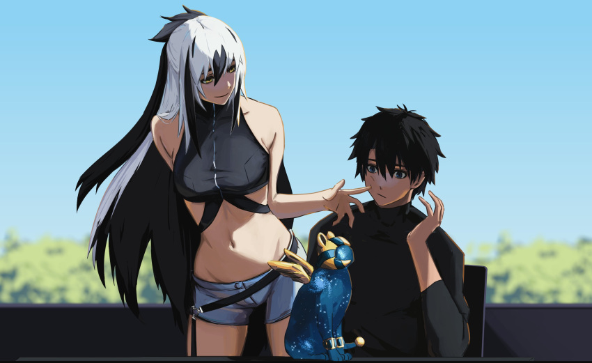 1boy 1girl bare_shoulders black_bodysuit black_hair blue_eyes bodysuit breasts crop_top cropped_shirt fate/grand_order fate_(series) fujimaru_ritsuka_(male) hair_between_eyes highres long_hair midriff multicolored_hair nagao_kagetora_(fate) navel open_clothes paperpillar shirt short_hair shorts sleeveless smile sphinx_awlad two-tone_hair uesugi_kenshin_(fate) uesugi_kenshin_(second_ascension)_(fate) white_hair white_shorts