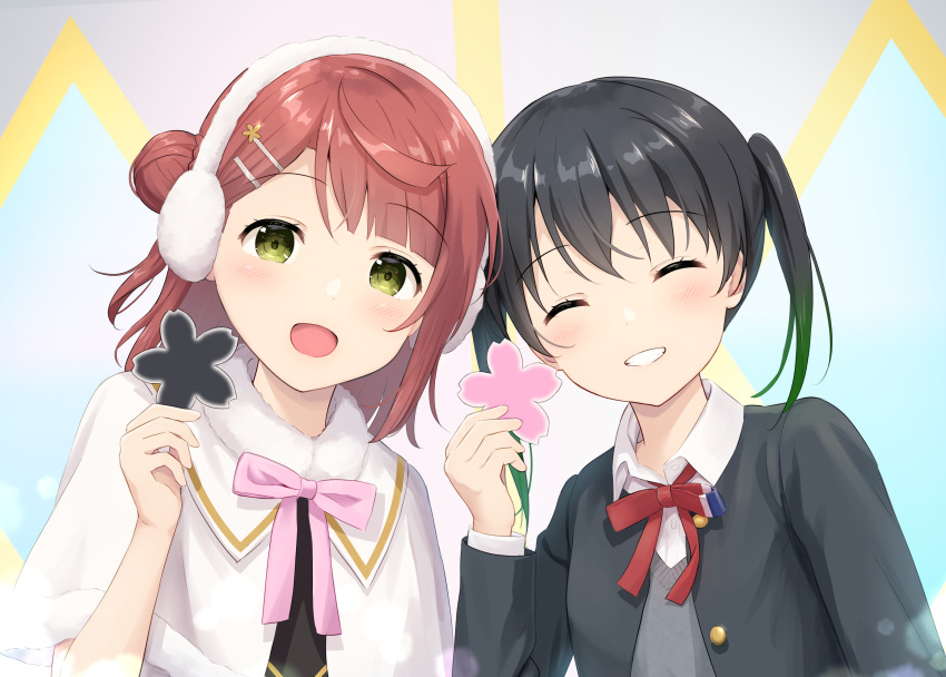 2girls :d ^_^ absurdres black_hair black_jacket blazer blue_background blunt_bangs braid braided_bun capelet closed_eyes collared_shirt colorful_dreams!_colorful_smiles!_(love_live!) commentary_request crossed_bangs dress_shirt earmuffs facing_viewer flower_(symbol) gradient_hair green_eyes green_hair grey_background grey_sweater_vest grin hair_bun hair_ornament hairclip half_updo highres holding jacket long_sleeves looking_at_viewer love_live! love_live!_nijigasaki_high_school_idol_club medium_hair multicolored_hair multiple_girls neck_ribbon nijigasaki_academy_school_uniform open_clothes open_jacket open_mouth pink_hair pink_ribbon red_ribbon ribbon school_uniform shirt single_side_bun smile sweater_vest swept_bangs takasaki_yu twintails two-tone_hair uehara_ayumu white_capelet white_shirt winter_clothes winter_uniform yutuki_ame