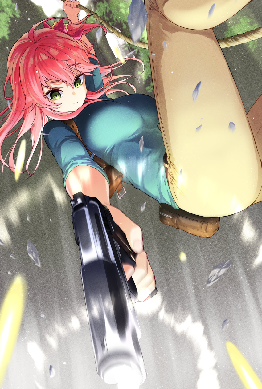 absurdres belt_bag blue_shirt breasts brown_bag brown_pants bullet closed_mouth firing forest green_eyes gun hair_ornament hairclip highres holding holding_gun holding_rope holding_weapon large_breasts looking_down nature pants pink_hair rope sakura_miko shards shirt weapon yuu201023