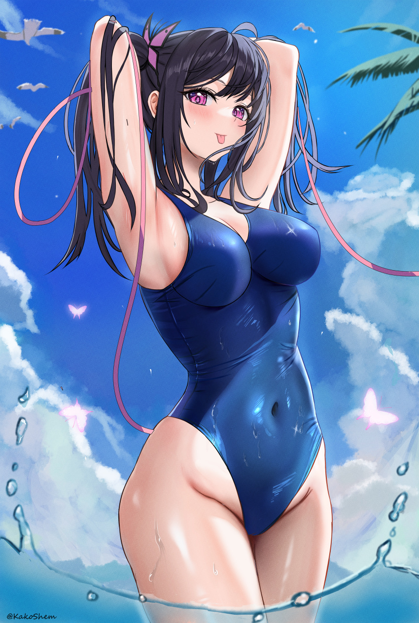 1girl absurdres arms_behind_head arms_up black_hair blue_one-piece_swimsuit blue_sky breasts casual_one-piece_swimsuit cleavage cloud covered_navel day hair_ribbon highres large_breasts long_hair looking_at_viewer one-piece_swimsuit original outdoors palm_leaf partially_underwater_shot pink_eyes ribbon shem_kako sky solo swimsuit tone twintails water