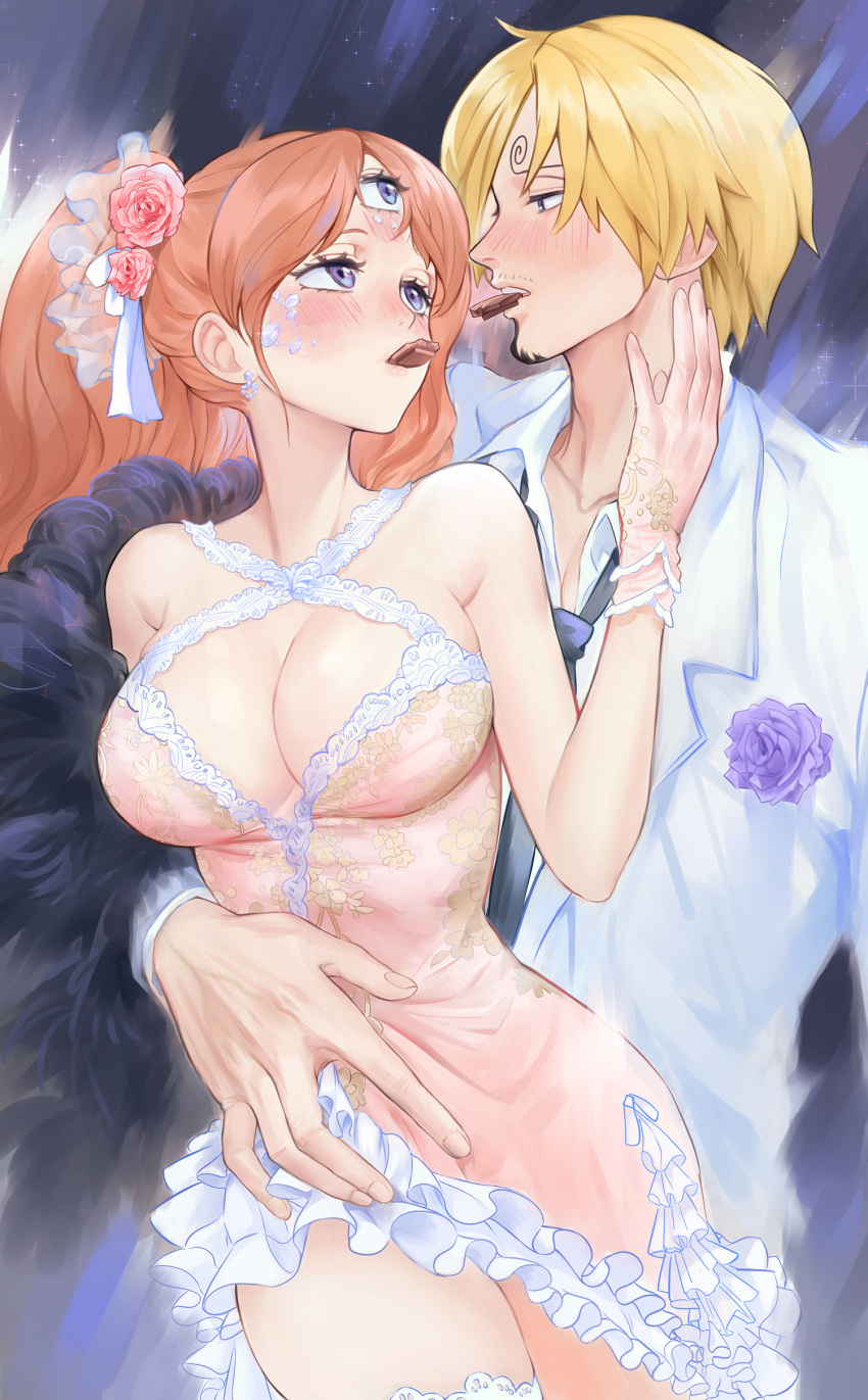 1boy 1girl absurdres blonde_hair blue_eyes blush breasts brown_hair candy charlotte_pudding chocolate cleavage couple criss-cross_halter curly_eyebrows dress english_commentary eye_contact facial_hair floral_print flower food formal frilled_dress frills garter_belt gloves hair_flower hair_ornament hair_over_one_eye halterneck happy_valentine hetero highres jacket large_breasts light_brown_hair long_hair long_sleeves looking_at_another mouth_hold necktie one_piece pink_flower purple_flower rita_ya sanji_(one_piece) shared_food short_hair sleeveless sleeveless_dress suit thighs third_eye twintails white_jacket