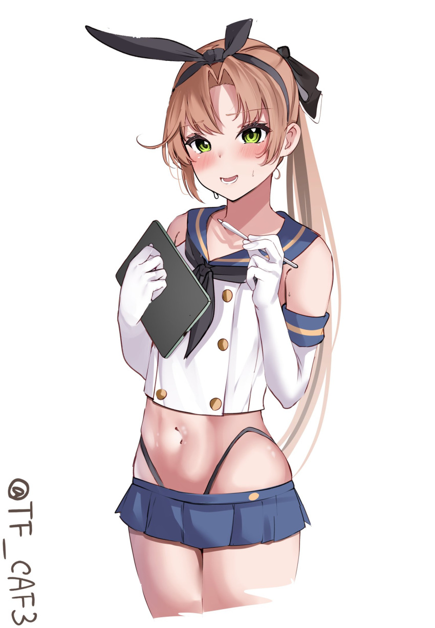 1girl akigumo_(kancolle) black_neckerchief black_panties blue_skirt blush breasts brown_hair cosplay cowboy_shot crop_top drawing_tablet elbow_gloves embarrassed gloves green_eyes hair_ribbon hairband highleg highleg_panties highres holding_drawing_tablet kantai_collection long_hair looking_at_viewer navel neckerchief panties ponytail ribbon sailor_collar shimakaze_(kancolle) shimakaze_(kancolle)_(cosplay) skirt solo stylus sweatdrop tf_cafe twitter_username underwear white_gloves