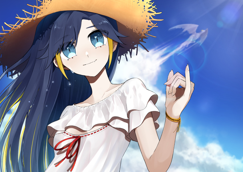 1girl absurdres black_hair blonde_hair blue_eyes bracelet breasts cleavage_cutout clothing_cutout day dragon fang fang_out hat highres jewelry long_hair looking_at_viewer multicolored_hair noko_(meityoko73) original outdoors pinky_out ribbon short_sleeves sky slit_pupils small_breasts smile solo straw_hat streaked_hair sweat upper_body