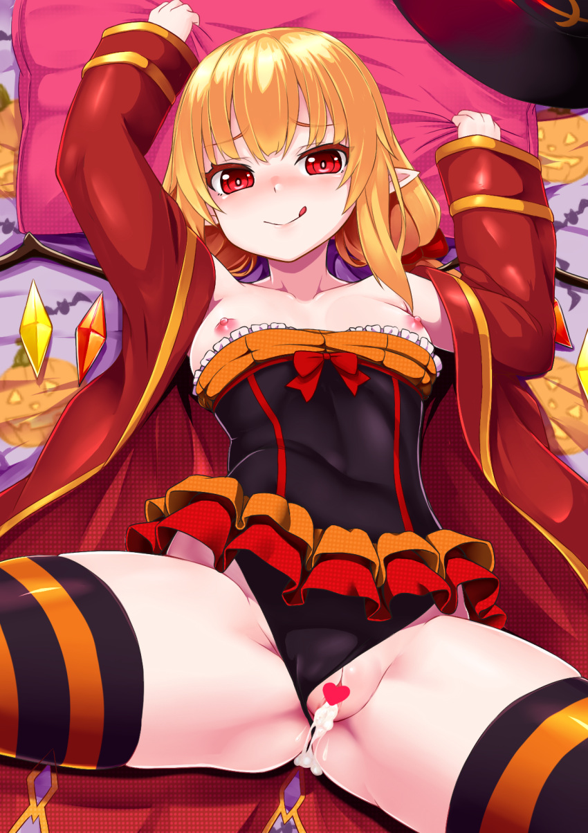 1girl after_sex after_vaginal black_leotard blonde_hair blush breasts breasts_out censored chiroshiron closed_mouth covered_navel crotch cum cum_in_pussy flandre_scarlet highres leotard long_hair looking_at_viewer lying nipples on_back pillow pillow_grab pointy_ears pussy red_eyes small_breasts smile solo spread_legs striped_clothes striped_thighhighs thighhighs tongue touhou wings