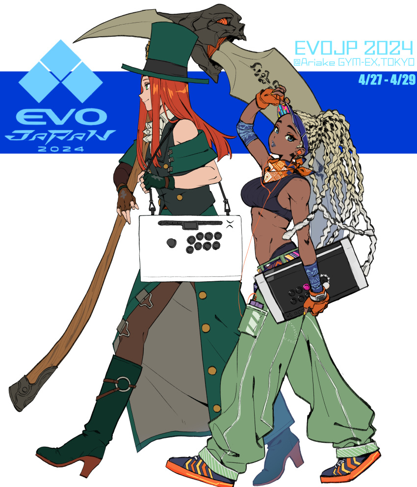 1girl 1other absurdres arcade_stick baggy_pants blonde_hair boots controller crossover dark-skinned_female dark_skin dreadlocks evolution_championship_series fingerless_gloves game_controller gloves gradient_hair guilty_gear guilty_gear_strive hat head_tilt headphones highres holding holding_scythe joystick kimberly_jackson looking_at_viewer makai multicolored_hair official_alternate_color official_alternate_costume official_alternate_hair_color official_alternate_hairstyle orange_hair over_shoulder panties pants panty_peek scarf scythe shoes smile sneakers sports_bra street_fighter street_fighter_6 testament_(guilty_gear) toned top_hat underwear visor_cap walking walkman weapon weapon_over_shoulder