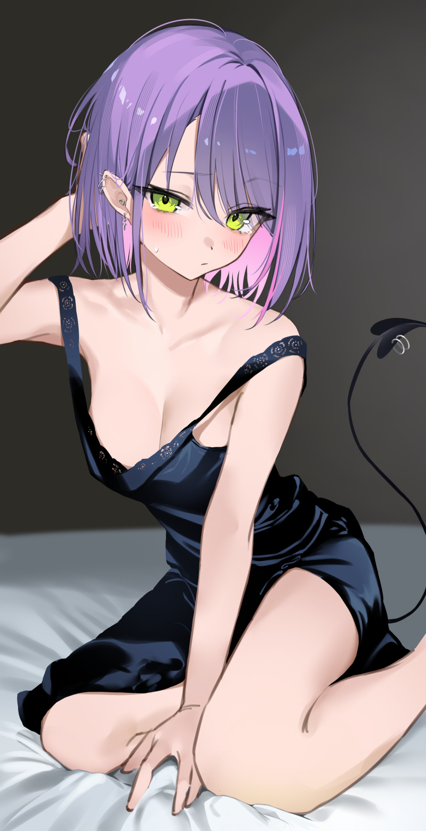 1girl absurdres alternate_costume alternate_hairstyle arm_support bed black_nightgown blush breasts cleavage colored_inner_hair demon_girl demon_tail double_strap_slip green_eyes highres hololive looking_at_viewer medium_breasts multicolored_hair nightgown off_shoulder on_bed osechi_(pixiv56606477) piercing pink_hair purple_hair seiza short_hair simple_background sitting solo tail tail_ornament tail_piercing tokoyami_towa two-tone_hair virtual_youtuber