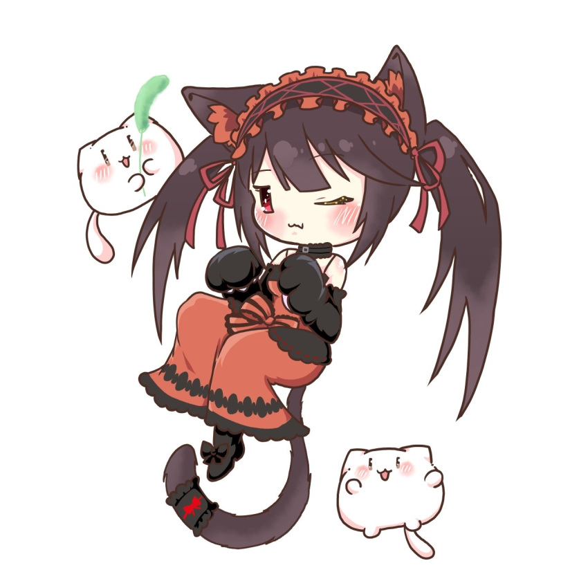 1girl animal_ear_fluff animal_ears animal_hands artist_name bare_shoulders black_hair blush breasts cat cat_ears cat_paws cat_tail cat_teaser chibi cleavage clock collar date_a_live dress gothic_lolita hairband highres lolita_fashion lolita_hairband long_hair medium_breasts one_eye_closed pannko_nekoman red_eyes ribbon shoes simple_background smile solo solo_focus tail thighhighs tokisaki_kurumi twintails uneven_twintails white_background