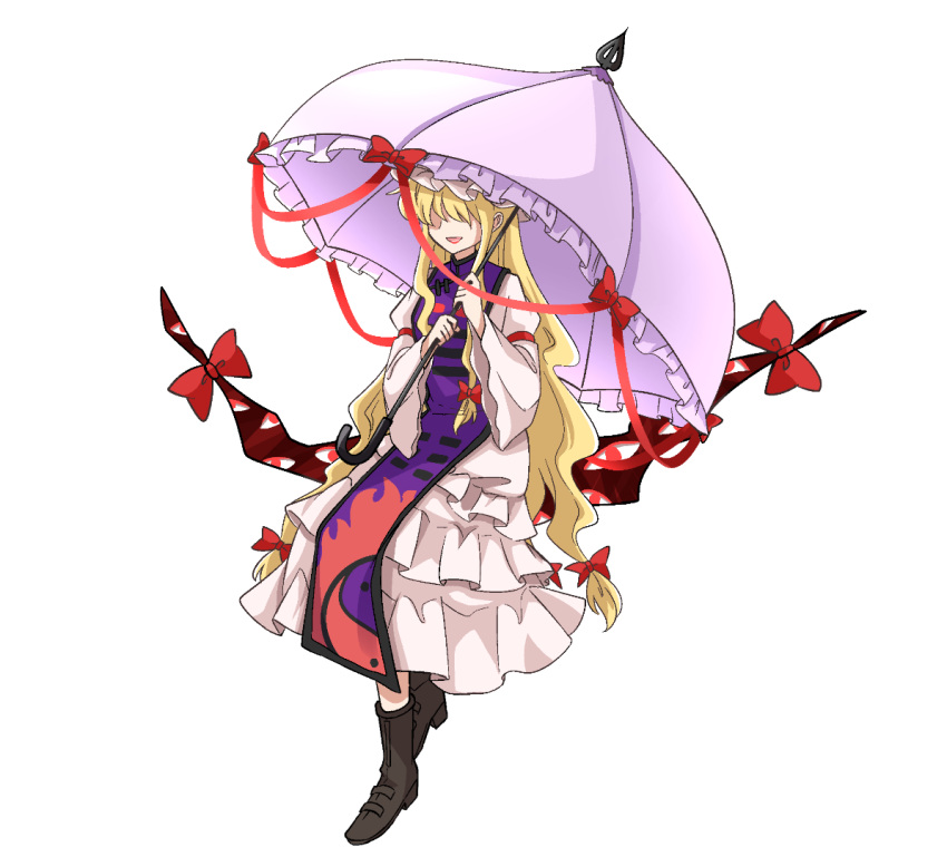 1girl blonde_hair bow dress flame_print frilled_dress frills gap_(touhou) hair_bow hat holding holding_umbrella long_hair long_sleeves no_eyes open_mouth parasol purple_tabard sitting smile solo tabard touhou umbrella very_long_hair wide_sleeves yakousei_no_kame yakumo_yukari yin_yang yin_yang_print