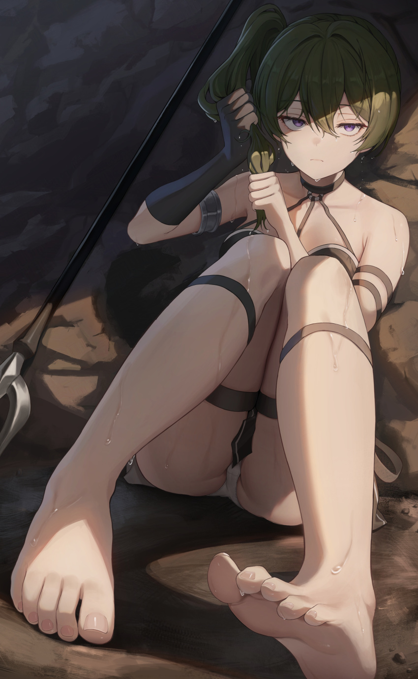 1girl absurdres arm_strap bare_shoulders barefoot black_dress black_gloves choker collarbone dress dripping elbow_gloves feet gloves green_hair hair_between_eyes highres holding_own_hair knees_up long_hair looking_at_viewer mage_staff o-ring o-ring_choker panties purple_eyes side_ponytail single_elbow_glove single_glove sitting soles solo sousou_no_frieren squeezing_hair thigh_strap thighs toenails toes ubel_(sousou_no_frieren) underwear unnunal_(unneonal) wet wet_hair white_panties