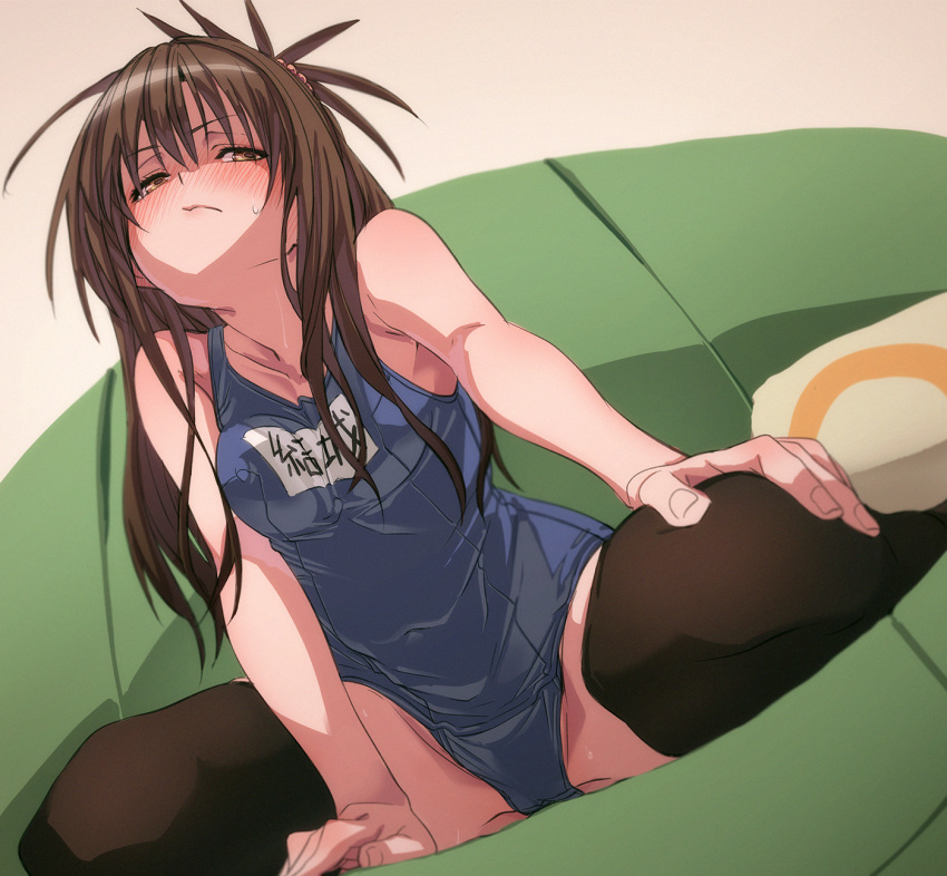 1girl black_thighhighs blue_one-piece_swimsuit blush breasts brown_eyes brown_hair closed_mouth collarbone commentary_request couch covered_navel fingernails fu-ta highres long_hair looking_at_viewer medium_breasts old_school_swimsuit on_couch one-piece_swimsuit pillow school_swimsuit sitting solo sweat swimsuit thighhighs to_love-ru to_love-ru_darkness yuuki_mikan