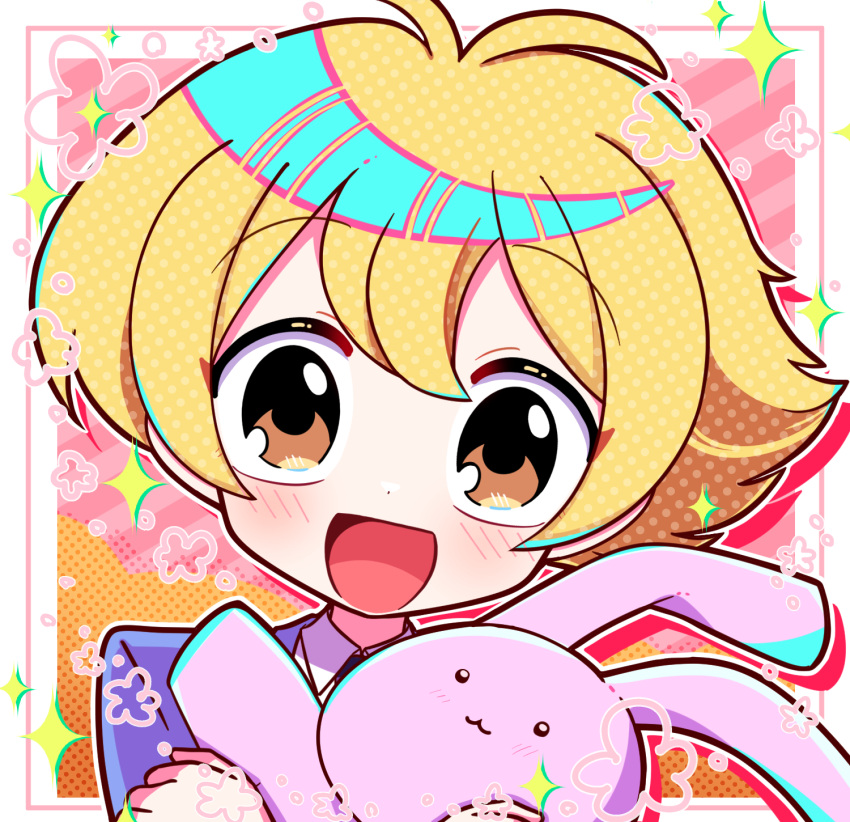 1boy ahoge blonde_hair blush border brown_eyes chibi drawn_flower halftone haninozuka_mitsukuni highres holding holding_stuffed_toy inset_border looking_at_viewer male_focus multicolored_background open_mouth orange_background ouran_high_school_host_club ouran_high_school_uniform outline pink_background pink_border school_uniform short_hair smile solo sparkle striped_background stuffed_animal stuffed_rabbit stuffed_toy upper_body virie white_border white_outline