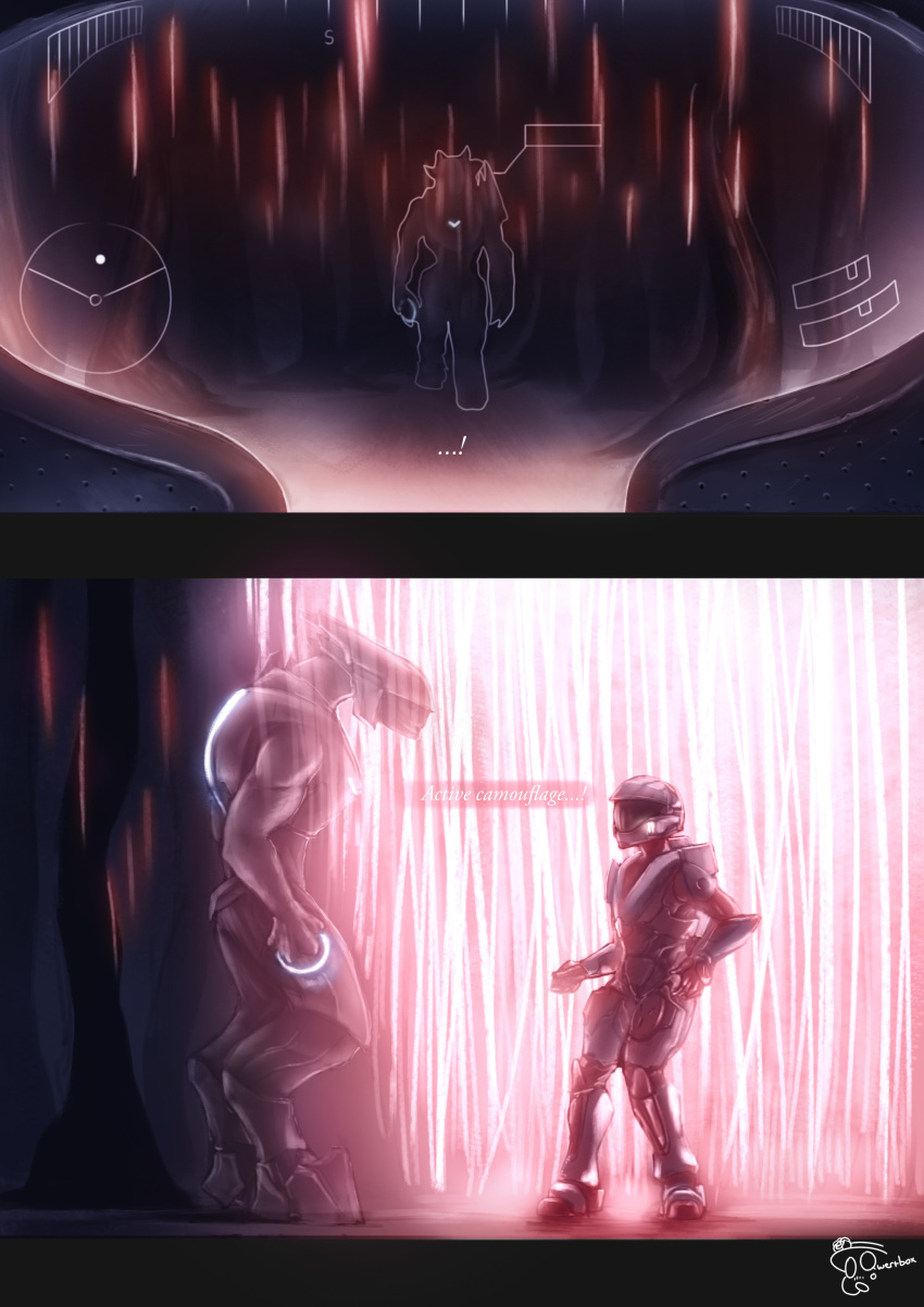 absurd_res alien armor bioluminescence collar comic duo english_text female first_person_view forest glowing glowing_collar glowing_plants halo_(series) hi_res human humanoid invisible larger_male male mammal microsoft minimap outside plant qwertyas1 sangheili size_difference smaller_female solo_focus solo_in_panel spartan_(halo) text translucent tree video_games xbox_game_studios