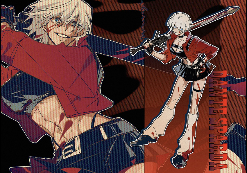 1girl 3hkxbot blood blood_on_face blue_eyes breasts choker crop_top dante_(devil_may_cry) devil_may_cry_(series) devil_may_cry_3 fingerless_gloves gloves hand_on_own_hip highres holding holding_weapon large_breasts looking_at_viewer midriff multiple_views navel open_clothes rebellion_(sword) skirt smile solo standing sword weapon white_hair