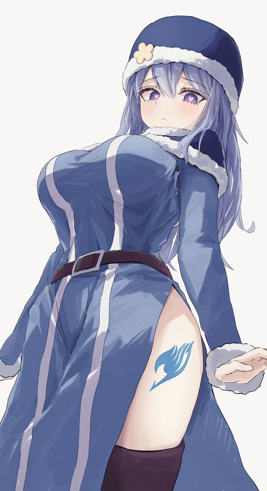 1girl absurdres belt blue_dress blue_eyes blue_hair blue_hat blush boots breasts brown_belt cowboy_shot dress fairy_tail from_below fur_trim heart heart-shaped_pupils highres juvia_lockser leg_tattoo long_hair looking_down muginosa pink_pupils purple_eyes simple_background solo symbol-shaped_pupils tattoo thigh_boots white_background