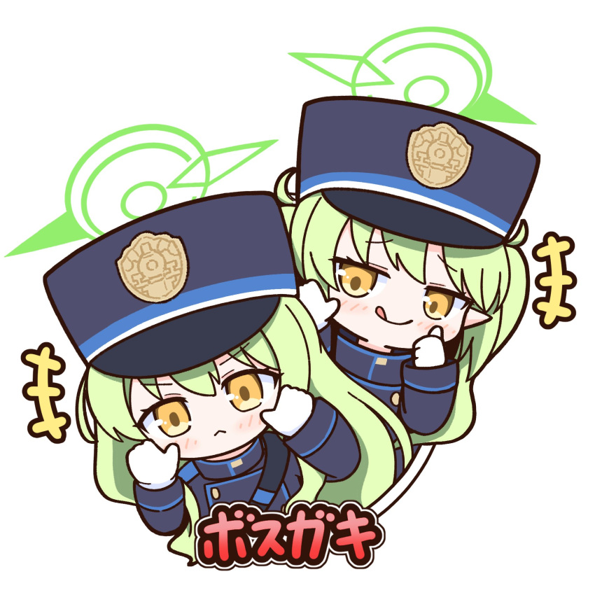 +++ 2girls achilles_(yosshyachillesd) black_hat black_jacket blue_archive chibi closed_mouth gloves green_hair green_halo halo hands_up highlander_sidelocks_conductor_(blue_archive) highlander_twintails_conductor_(blue_archive) highres jacket licking_lips long_hair long_sleeves looking_at_viewer multiple_girls pointy_ears simple_background smile thumbs_up tongue tongue_out white_background white_gloves yellow_eyes