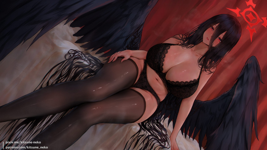 1girl black_bra black_hair black_panties black_thighhighs black_wings blue_archive blush bra breasts breath cleavage collarbone commentary curtains dutch_angle feet_out_of_frame groin halo hasumi_(blue_archive) huge_breasts indoors kitsune-neko lace-trimmed_bra lace-trimmed_panties lace_trim lingerie long_hair long_hair_between_eyes looking_at_viewer navel panties patreon_username pixiv_username red_eyes sitting solo stomach thighhighs underwear very_long_hair wings