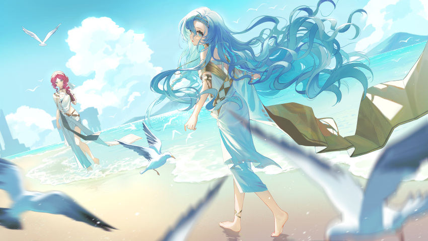 2girls 37_(reverse:1999) :o akuma_(ogino-m) ancient_greek_clothes anklet armlet bare_shoulders barefoot beach bird blue_eyes blue_hair blue_sky blurry blurry_foreground brown_gloves cloud day drill_hair drill_sidelocks dutch_angle fingerless_gloves floating_hair from_behind full_body gloves gold_choker greco-roman_clothes green_eyes hair_bun hairband highres jewelry long_hair looking_at_viewer looking_back midriff mountainous_horizon multiple_girls ocean outdoors red_hair reverse:1999 sand seagull sidelocks single_glove single_side_bun single_sleeve sky smile sophia_(reverse:1999) standing toga turning_head wading walking white_hairband wide_sleeves