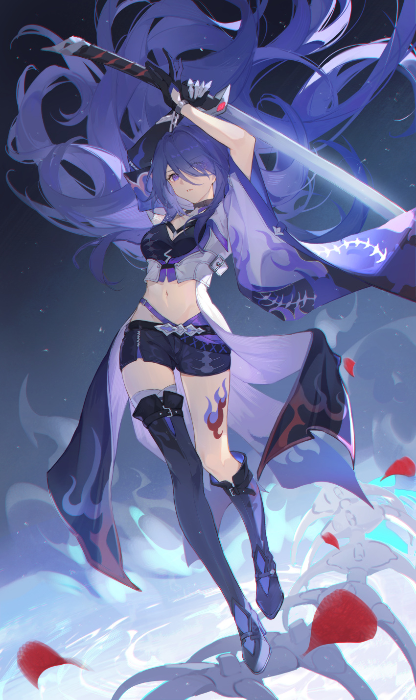 1girl absurdres acheron_(honkai:_star_rail) arms_up asymmetrical_footwear black_choker black_gloves black_shorts bone boots breasts chain choker cleavage coat coattails detached_sleeves full_body gloves hair_over_one_eye highres holding holding_sword holding_weapon honkai:_star_rail honkai_(series) leg_tattoo lin_zhi_mao long_hair midriff multicolored_hair navel purple_eyes purple_hair short_shorts shorts single_bare_shoulder skeleton solo standing stomach streaked_hair sword tattoo thigh_boots weapon white_coat