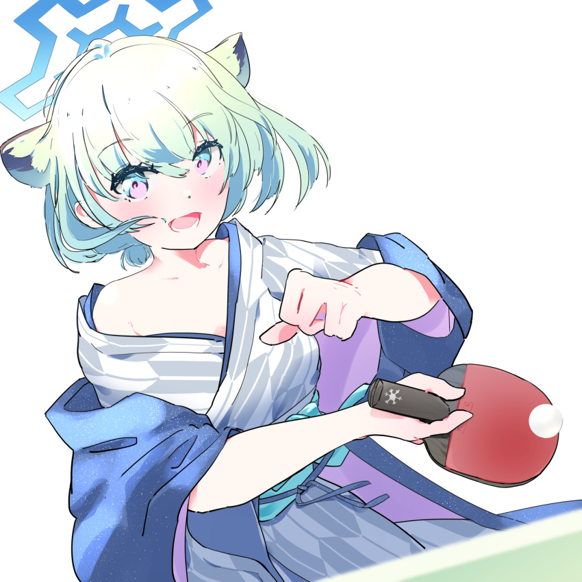 1girl :d animal_ears ball blue_archive green_hair halo highres holding holding_paddle japanese_clothes kandake kimono looking_at_viewer open_mouth paddle playing shigure_(blue_archive) short_hair simple_background smile solo table_tennis_ball table_tennis_paddle weasel_ears white_background yukata