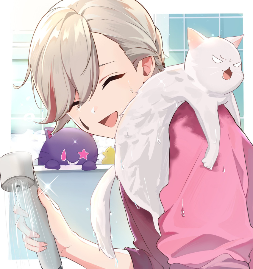 1boy bath blonde_hair cat closed_eyes genshin_impact highres kisaragi_(kisaraggg_27) long_sleeves lyney_(genshin_impact) male_focus open_mouth pink_shirt rosseland_(genshin_impact) shirt short_hair showering smile teardrop_facial_mark white_fur