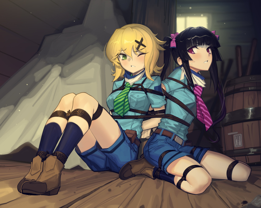 2girls akatsuki_kirika arms_behind_back bdsm belt black_hair blonde_hair blue_shirt blue_shorts blue_socks blush bondage bound bound_ankles bound_arms bound_legs bound_together bound_torso bound_wrists breasts brown_footwear cad_(caddo) frogtie gag green_eyes green_necktie hair_ornament highres improvised_gag long_hair medium_breasts multiple_girls necktie pink_eyes pink_necktie restrained rope s.o.n.g._uniform senki_zesshou_symphogear shibari shibari_over_clothes shirt short_hair shorts socks striped_necktie tied_to_stake tsukuyomi_shirabe twintails ungagged uniform x_hair_ornament