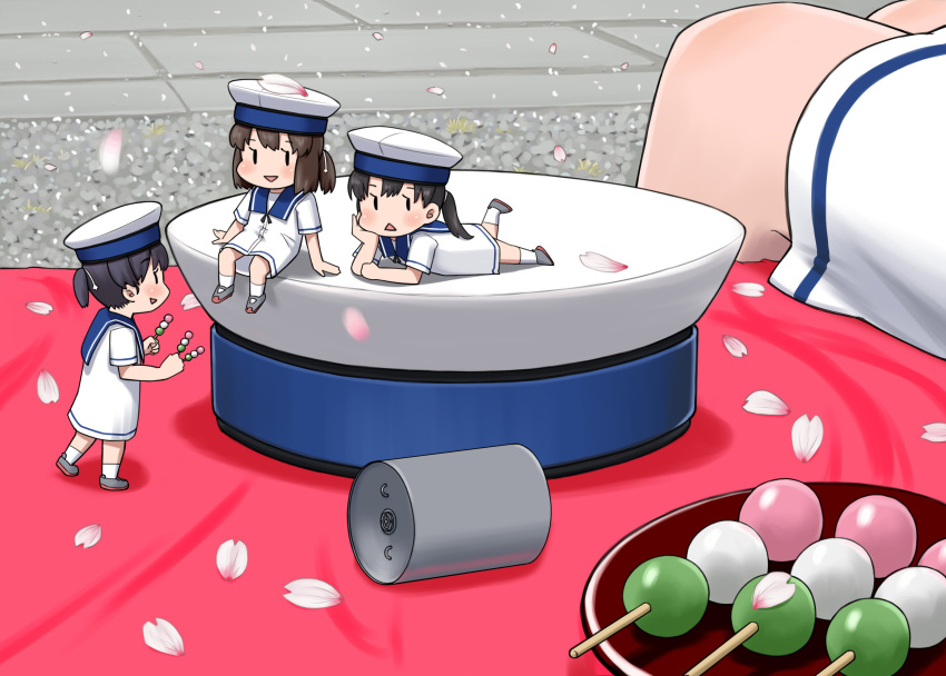 3girls absurdres black_hair blue_sailor_collar bob_cut chibi daitou_(kancolle) dango depth_charge dress fairy_(kancolle) food hat hiburi_(kancolle) highres kantai_collection low_ponytail lying multiple_girls on_stomach petals porusasu sailor_collar sailor_dress sailor_hat sanshoku_dango short_ponytail short_sleeves shounan_(kancolle) sitting twintails wagashi white_dress white_hat