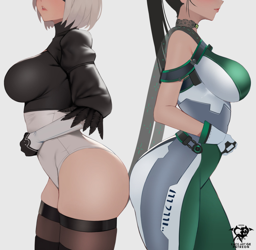 2b_(nier:automata) 2girls artist_logo ass ass-to-ass black_hair black_hairband black_thighhighs bodysuit breasts crossover curvy eve_(stellar_blade) from_side gloves grey_hair hairband highres juliet_sleeves kaos_art large_breasts leotard long_hair long_sleeves multicolored_bodysuit multicolored_clothes multiple_girls nier:automata nier_(series) planet_diving_suit_(7th)_(stellar_blade) ponytail puffy_sleeves short_hair side-by-side skin_tight stellar_blade thick_thighs thighhighs thighs tight_clothes very_long_hair white_background