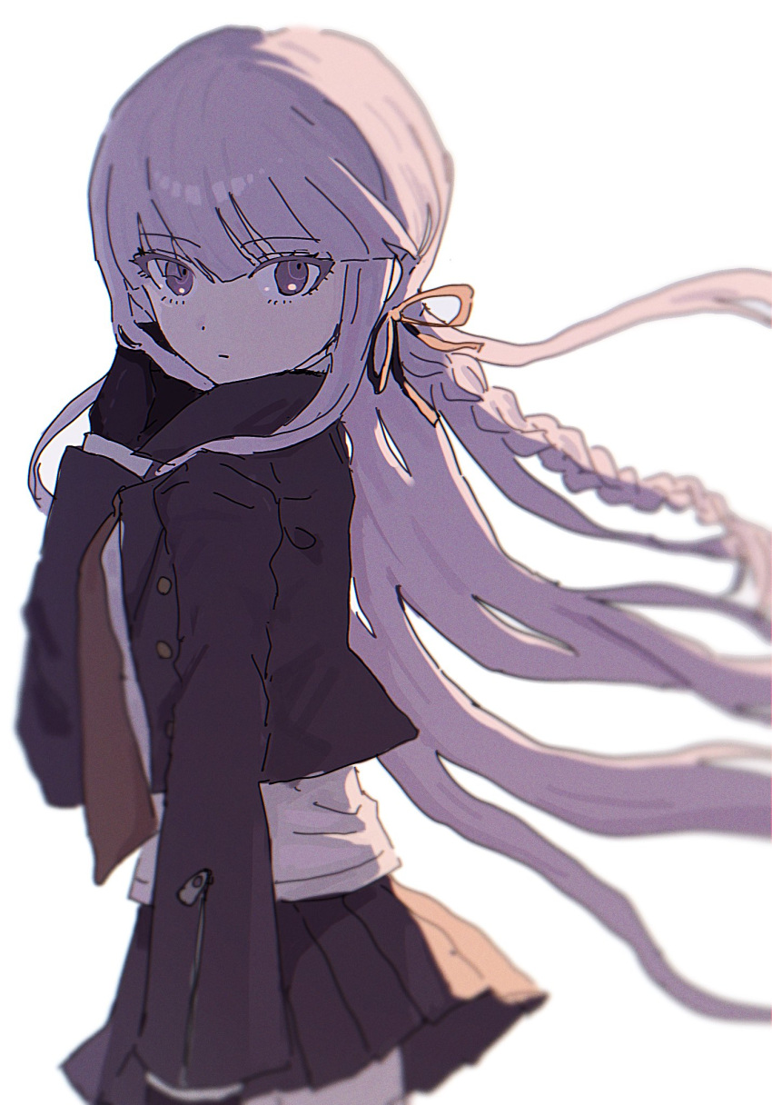 1girl black_gloves black_jacket black_ribbon black_skirt braid brown_necktie danganronpa:_trigger_happy_havoc danganronpa_(series) expressionless from_side gloves grey_hair grey_shirt hair_ribbon highres isa_kojima jacket kirigiri_kyoko long_hair looking_at_viewer miniskirt necktie open_clothes open_jacket pleated_skirt ribbon shirt side_braid skirt solo