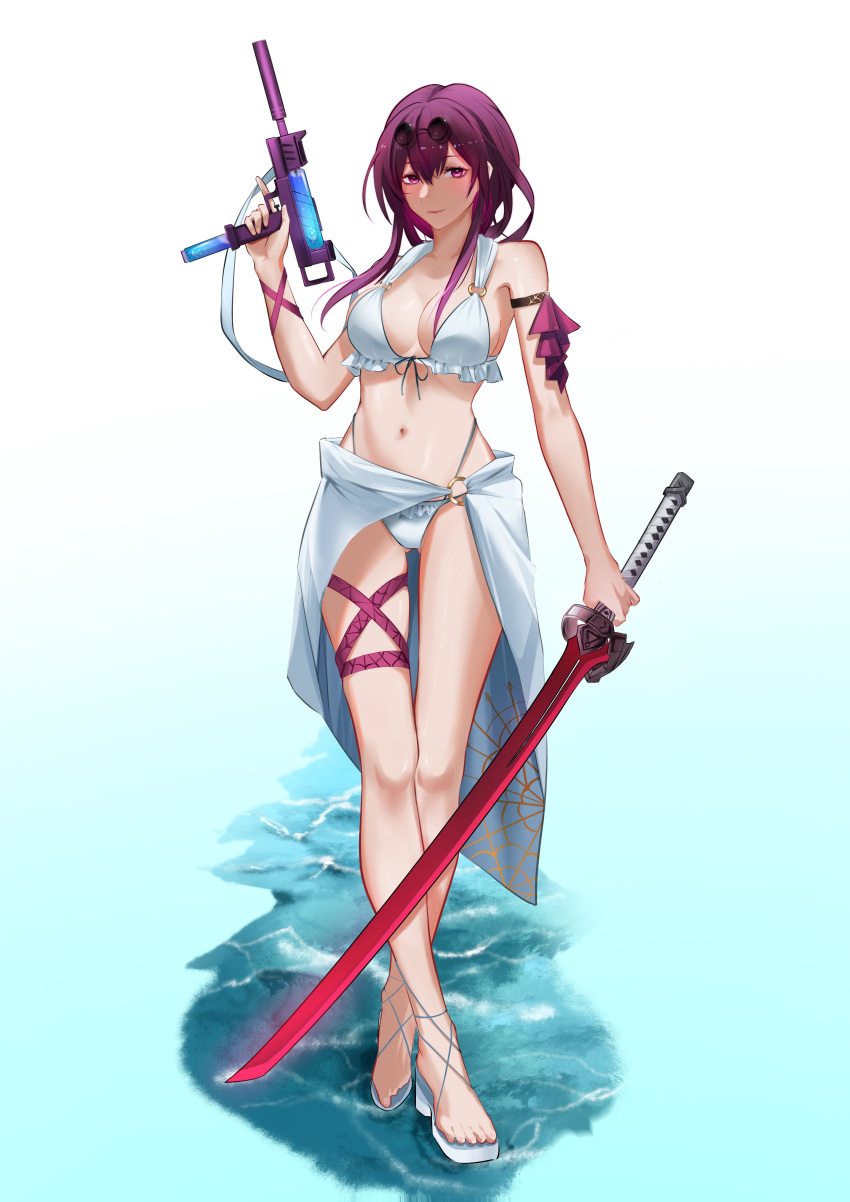 1girl absurdres alternate_costume barefoot bikini breasts cleavage closed_mouth commentary_request eyewear_on_head highres holding holding_sword holding_water_gun holding_weapon honkai:_star_rail honkai_(series) kafka_(honkai:_star_rail) katana large_breasts navel purple_eyes purple_hair round_eyewear sandals sarong smile solo stomach sunglasses swimsuit sword uko_0817 water water_gun weapon white_background white_bikini white_footwear