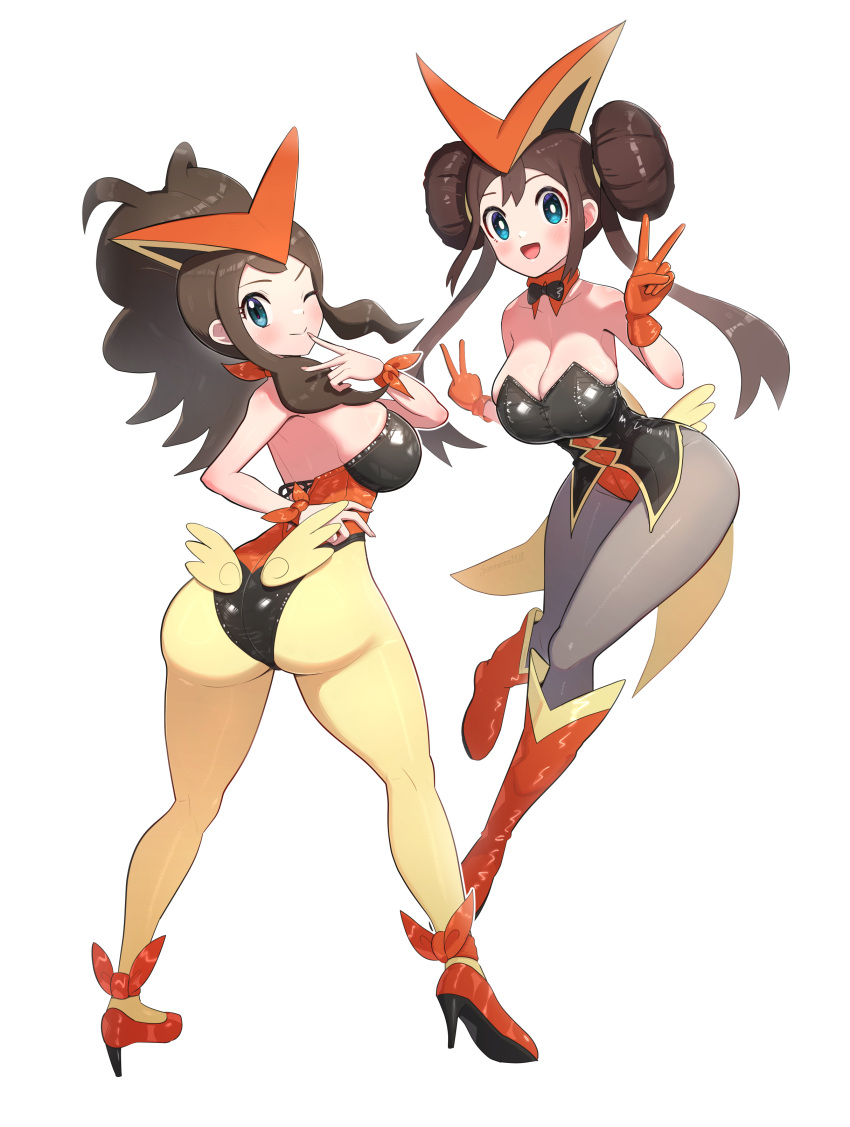 2girls absurdres ass backless_outfit bare_shoulders black_leotard blue_eyes breasts brown_hair collarbone commentary_request cosplay detached_collar double_v doughnut_hair_bun fluffy_hair from_behind full_body gloves gonzarez grey_pantyhose hair_bun high_ponytail highres hilda_(pokemon) large_breasts leotard long_hair looking_at_viewer multiple_girls necktie one_eye_closed orange_gloves orange_leotard pantyhose playboy_bunny pokemon pokemon_bw pokemon_bw2 rosa_(pokemon) simple_background v victini victini_(cosplay) white_background