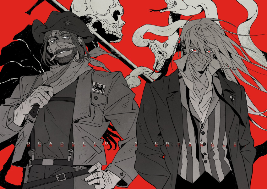 2boys animal armored_core armored_core_6 bandana_around_neck beard belt cigarette coldcall_(armored_core) collared_shirt cowboy_shot facial_hair greyscale_with_colored_background hand_on_own_hip hand_up hands_in_pockets hat highres holding holding_knife jacket knife la_bo_chu_shi long_hair long_sleeves male_focus mouth_hold multiple_boys mustache pants red_background red_eyes scar scar_on_face shirt short_hair skull smile snake spot_color sulla_(armored_core) suspenders