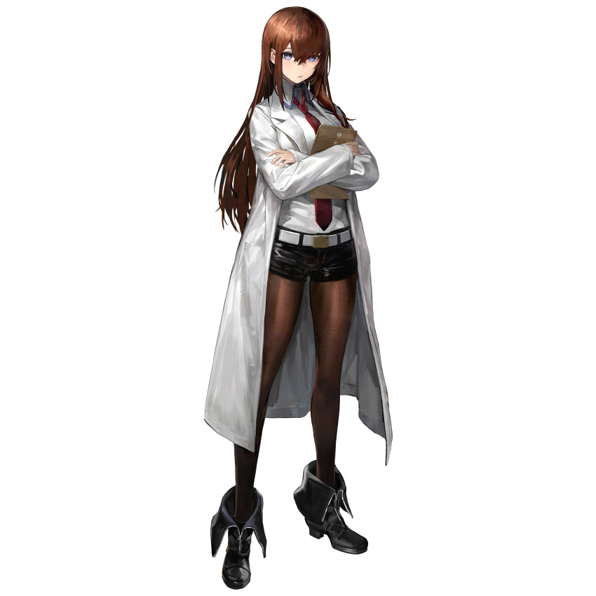 1girl belt belt_buckle black_footwear black_pantyhose black_shorts boots bright_pupils brown_hair buckle coat crossed_arms envelope full_body girls'_frontline_neural_cloud hair_between_eyes highres lab_coat lapels long_coat long_hair looking_at_viewer makise_kurisu manila_envelope necktie notched_lapels official_art open_clothes open_coat pantyhose pantyhose_under_shorts purple_eyes red_necktie shorts sidelocks simple_background sleeves_past_wrists solo standing steins;gate tachi-e third-party_source transparent_background very_long_hair white_belt white_coat