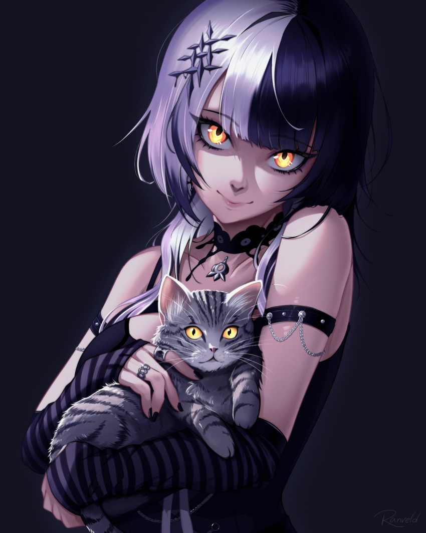 1girl animal arm_strap arm_warmers artist_name bare_shoulders black_background black_choker black_hair black_nails black_shirt blunt_bangs breasts cat choker collarbone grey_hair hair_intakes hair_ornament hair_over_shoulder head_tilt highres holding holding_animal hololive hololive_english jewelry lace-trimmed_choker lace_trim large_breasts looking_at_viewer medium_hair multicolored_hair multiple_rings pink_lips ranveld ring shiori_novella shiori_novella_(1st_costume) shirt sidelocks simple_background slit_pupils smile solo spaghetti_strap striped_arm_warmers tabby_cat tsurime two-tone_hair upper_body virtual_youtuber yellow_eyes