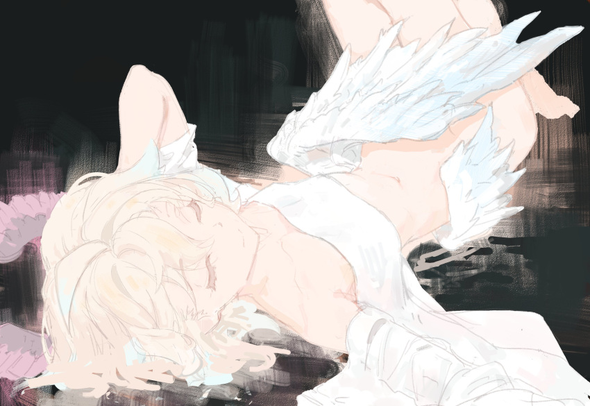 1girl ahoge bed_sheet black_background bottomless closed_eyes covering_crotch covering_privates cursedweeboo enna_alouette faux_traditional_media head_wings highres low_wings lying naked_sheet navel nijisanji nijisanji_en solo wings