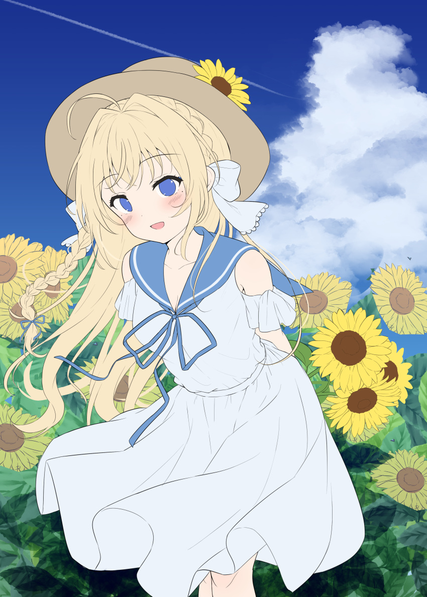 1girl :d absurdres ahoge arms_behind_back blonde_hair blue_eyes blue_ribbon blue_sailor_collar blue_sky braid breasts cleavage collarbone commentary_request dress floating_clothes flower hair_ribbon hat hat_flower highres holding holding_flower leaning_forward long_braid long_hair looking_at_viewer making-of medium_breasts mole mole_under_each_eye mole_under_eye multiple_moles neck_ribbon open_mouth re:stage! ribbon sailor_collar sailor_dress shiratori_amaha_(re:stage!) single_braid sky smile solo straw_hat sun_hat sunflower white_dress yellow_flower yutuki_ame