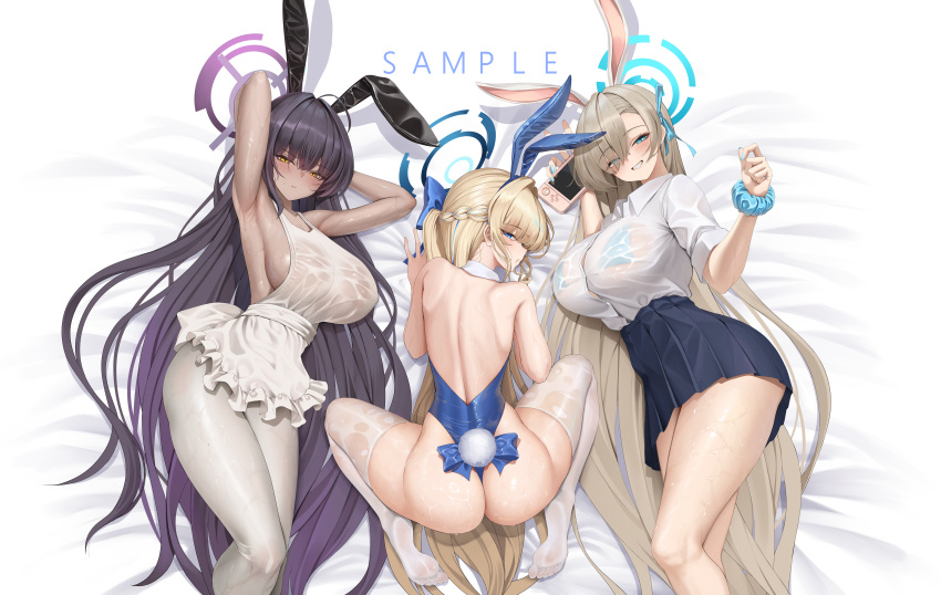 3girls absurdres all_fours animal_ear_hairband animal_ears apron aqua_bikini armpits arms_up ass asuna_(blue_archive) bare_legs bare_shoulders bed_sheet bikini bikini_under_clothes black_hair black_skirt blonde_hair blue_archive blue_leotard blush breasts dark-skinned_female dark_skin fake_animal_ears feet_out_of_frame hairband halo hibi_(grangcat) highres huge_breasts karin_(blue_archive) large_breasts leotard light_brown_hair looking_at_viewer lying multiple_girls official_alternate_costume on_back on_side pantyhose playboy_bunny rabbit_ear_hairband rabbit_ears rabbit_tail sample_watermark school_uniform scrunchie shirt skirt smile strapless strapless_leotard swimsuit tail thighhighs thong toki_(blue_archive) toki_(bunny)_(blue_archive) watermark wet wet_apron wet_clothes wet_shirt wet_thighhighs white_apron white_pantyhose white_shirt white_thighhighs wrist_scrunchie