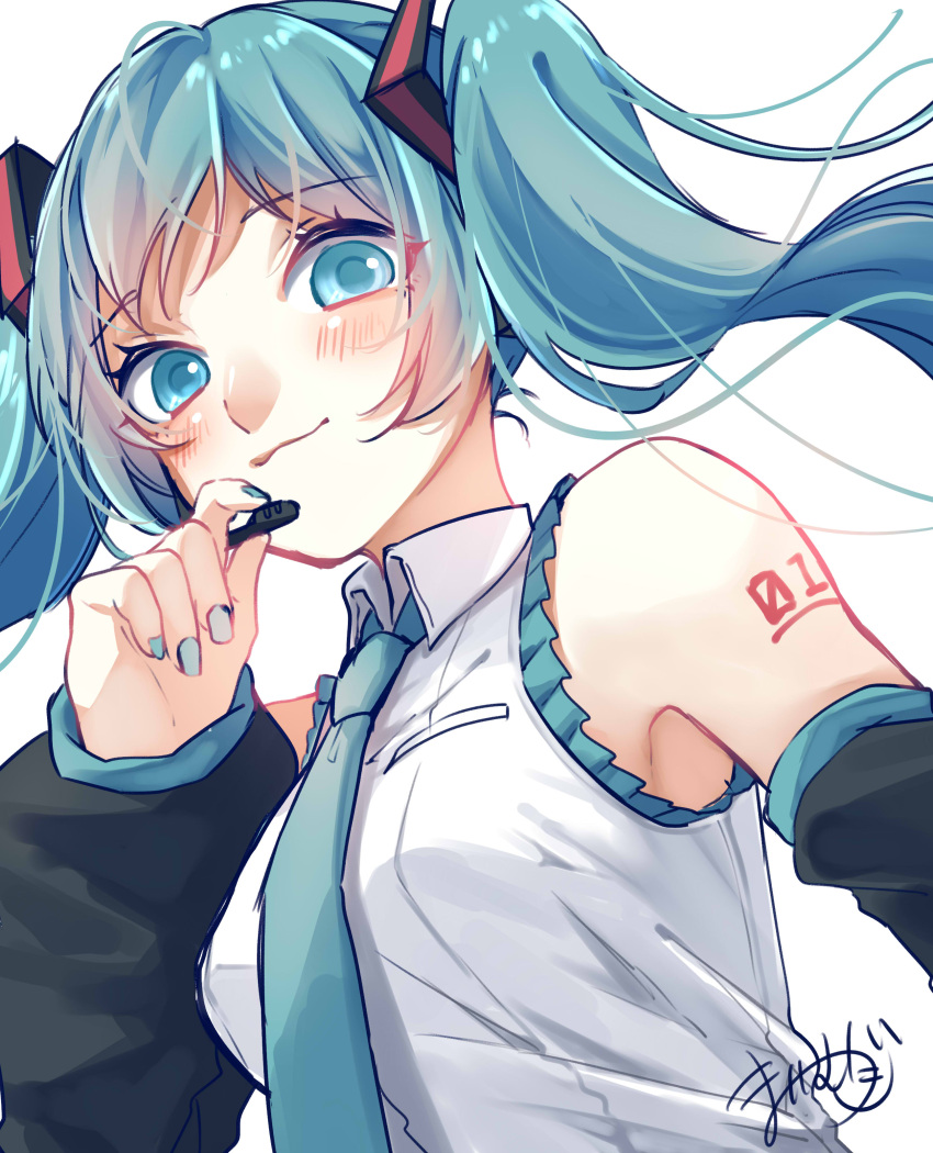 1girl absurdres blue_eyes blue_hair blush collared_shirt detached_sleeves hair_ornament hatsune_miku headset highres long_hair long_sleeves looking_at_viewer mai_mugi nail_polish necktie shirt sleeveless sleeveless_shirt smile solo twintails upper_body vocaloid