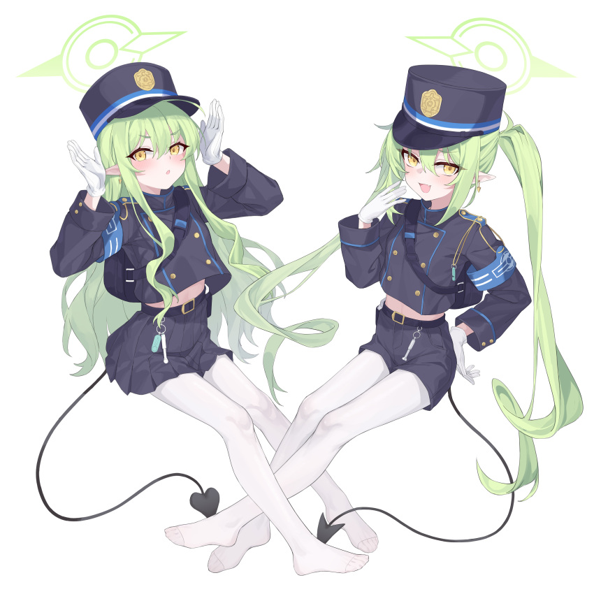 2girls :d absurdres armband belt black_belt black_hat black_jacket black_shorts black_skirt blue_archive blue_armband demon_tail full_body gloves green_hair green_halo hair_between_eyes halo hat highlander_sidelocks_conductor_(blue_archive) highlander_twintails_conductor_(blue_archive) highres jacket long_hair long_sleeves looking_at_viewer midriff multiple_girls navel open_mouth pantyhose pleated_skirt shorts sidelocks skirt smile tail twintails white_gloves white_pantyhose yellow_eyes yume_(454565427)