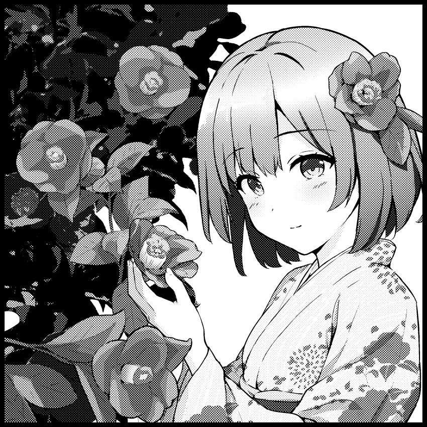 1girl absurdres black_border blush border bush commentary_request floral_print_kimono flower greyscale hair_flower hair_ornament halftone highres holding holding_flower japanese_clothes kimono light_smile long_sleeves looking_at_viewer monochrome original short_hair sidelocks solo white_background wide_sleeves yutuki_ame